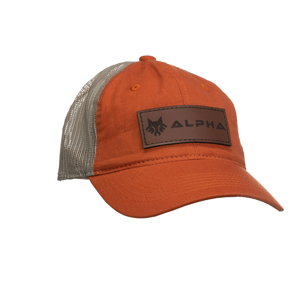 Alpha Leather Logo Patch 6-Panel Garment Washed Trucker Hat
